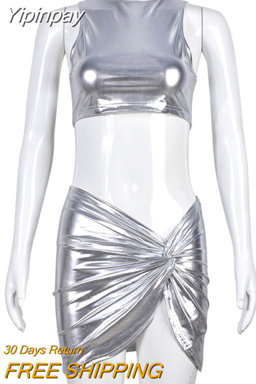 Yipinpay Piece Set Women Silver Bright Outfits Sexy Turtleneck Backless Corset Crop Top+High Waist Ruched Skinny Mini Skirts 2023